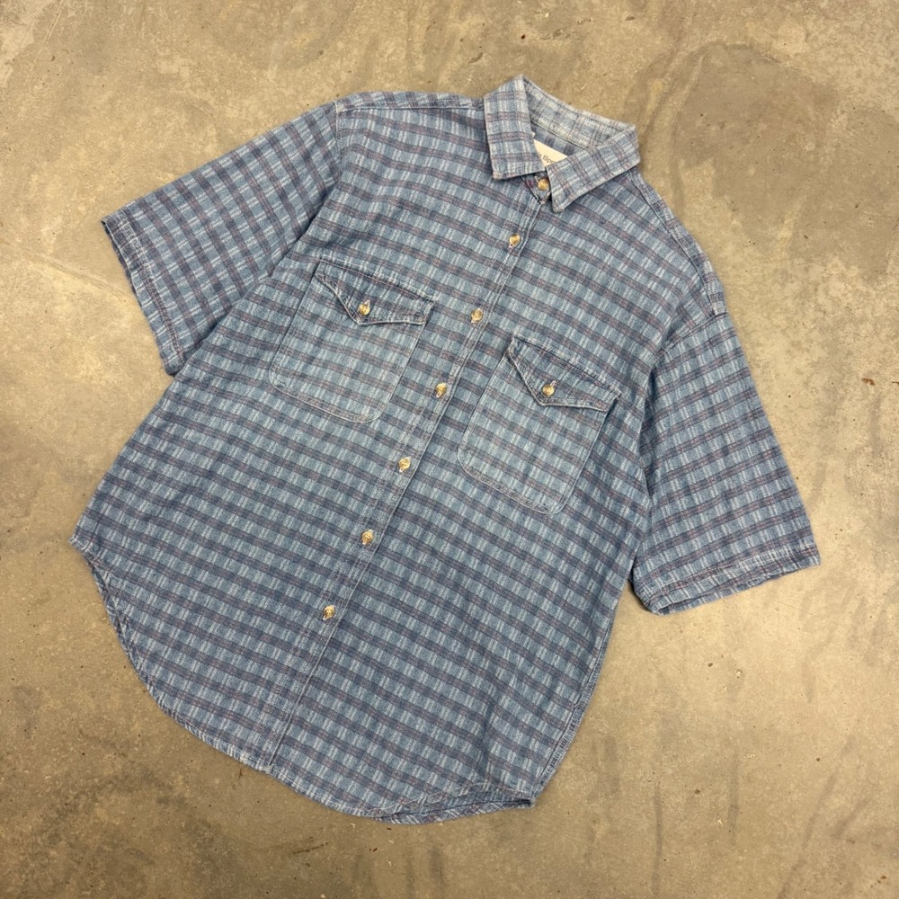 90s Mens Paris Sport Club Plaid Short Sleeve Button Down Shirt Casual Blue M